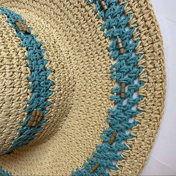 Boho wide brim round beach sun hat woven straw beads turquoise blue cream summer - Picture 6 of 7